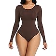 Soo slick Bodysuit for Women Fall clothes for women 2023 - Body Shaper Long Sleeve Crew Neck Thong Body Shaping Tops, Brown, X-Large-XX-Large