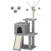 FEANDREA PCT143W01 kedi ağacı, tırmalama tahtalı, 3 &ccedil;ıkarılabilir ponpon &ccedil;ubuğu, 118 cm, a&ccedil;ık gri