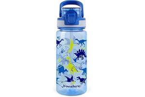 wooshwa Gourde avec Paille 600ml Anti Fuite sans BPA, Verrouillage Sécurisé, Bouteille d'eau Adulte, pour Sport Voyage - Dinosaure Bleu