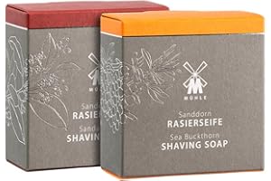 ‎MÜHLE MÜHLE Rasierseifen-Duo - Rasierseife für alle Hauttypen - sanft, fruchtig, vegan - 2x 65 g - Sanddorn und Sandelholz