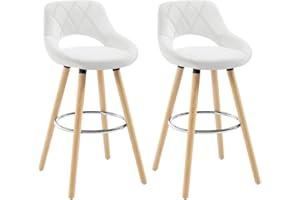 WOLTU Tabouret Bar, Lot de 2, Chaise Haute Bar, Tabouret Haut avec Dossier et Repose-Pieds, Cadre en Bois, Siège en Similicuir, Blanc, BH111ws-2