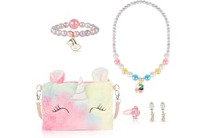 XiYee Unicorno Regalo Peluche Borsetta Bambina Set Gioielli, Unicorno Collana Bracciale Orecchini Anelli Anello, Principessa Kit Gioielli Forniture per Feste Accessori