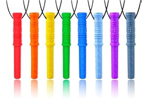 Sensory Chew Necklace by GNAWRISHING, 8 Pack Cylinder Chew Necklaces for Sensory Kids, Made from Food Grade Silicone for for Autistic, ADHD, Oral Motor Boys and Girls Children (Rainbow Color)