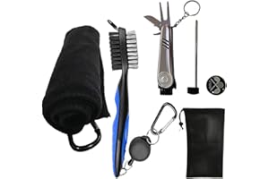 Kingrun Accessoires de Golf, Kit Nettoyage de Golf, Serviette de Golf, Brosse de Golf, Golf Divot Pliable avec Marqueur de Balle, Mousqueton en Aluminium kit de Nettoyage pour Clubs de Golf