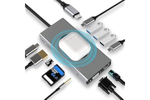 SZPACMATE HUB Dongle mit kabellosem Laden, 13 in 1 Docking Station Adapter mit 4K-HDMI, VGA, 2×USB3.0, USB C 3.0&2.0, RJ45 Ethernet, PD 100W, SD/TF & 3.5mm AUX, Kompatibel mit MacBook Pro & Andere Laptops