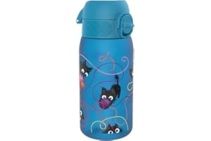 ion8 Botella de Agua para Niños, 350ml, a Prueba de Fugas, Fácil de Abrir, Cerradura Segura, Apta para Lavavajillas, Sin BPA, Asa de Transporte, Fácil de Limpiar, Neutro en Carbono, Gatos