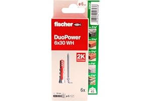 fischer - Duopower 6x30 Con Alcayata - 6U, Tacos para pared multimaterial, sirven para Colgar Bicicletas, Cuadros, Armarios, Soportes de Televisión, Estanterías, Muebles.
