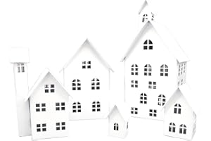 UNUS Set di 5 case decorative, case luminose in metallo per giardino, terrazza, balcone o casa (bianco)