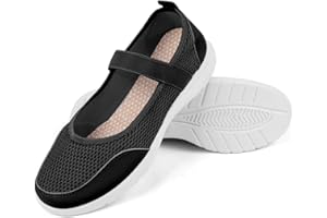 OFFCUP Womens Mary Jane Shoes, Mesh Breathable Ladies Wide Fit Flat Shoes, Grip Sole Walking Casual Slip on Shoe with Elastic Strap, Work Office Nurse Shoe, Size UK 5/6/6.5/7, Black and Grey