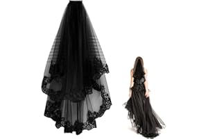 Funmo Velo de Halloween Negro - Diadema de Encaje para Novia, Boda, Cosplay - 2 Capas, Pelo de Bruja, Peine Negro, Estilo Vintage - 80 cm