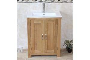 BATHROOMS & MORE STORE Slimline Bathroom Cabinet Vanity Unit | Solid Oak Furniture | Inset Sink Tap Set