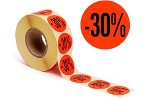 POKORNYS - Etiquetas promocionales «-30%» I Tarjetas para productos rebajados I Set de 1.000 autoadhesivos de descuento en rojo brillante I Pegatinas adhesivas permanentes, redondas con Ø 32mm