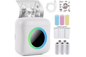 WINGFLY Mini Impresora de Fotos Portátil, Impresoras Térmicas BT Inalámbricas de Bolsillo HD, Recibos de Notas de Etiquetas de Fotos Instantáneas, con 13 Rollos de Papel, por Teléfonos iOS y Android (White)