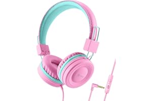 iClever Bambini Cuffie, Sicuro Filo Bambini Head Set Sopra l' Orecchio, 85/94dB Volume Limited, Bambini Cuffie con 3.5 mm Jack PC (rosa)