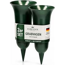 ELBKAISER 2er Set Grabvase mit Erdspieß Grün - Friedhofsvase, Grabvasen