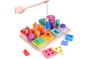 Hoiloie Montessori Spielzeug ab 1 Jahr,holzspielzeug&Stapelspielzeug,3 in 1 Farbe Erkennung Form Sorter Angelspiel,Lernspielzeug Geschenk für 123 Jahre Kleinkind Mädchen Junge