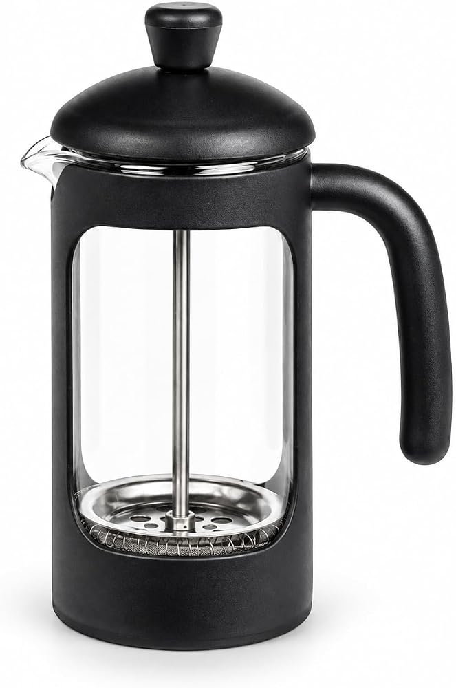 Deconox Borosilikat Cam French Press 350 ml, Siyah Çerçeveli Kavisli Saplı Pistonlu Demlik, Kahve ve Bitki Çayı Demleme Aparatı, Şeffaf Hazneli Manuel Kahve Demleyici, 1 Adet