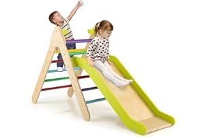 DREAMADE Triangle d'escalade avec Toboggan en Bois 3 en 1 Jouet Montessori pour Grimper & Glisser Convient à Enfants 1+ Ans (Multicolore)