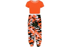 janisramone Kids Girls New Neon Crop Top Army Camo Print Alibaba Harem Leggings 2 Pcs Co-ord Dance Sets