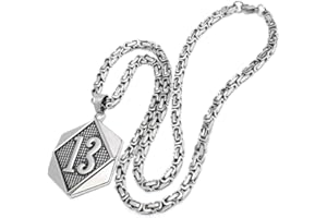 Schmuck-Checker XL Lucky Number Lucky 13 Thirteen Pendant Solid Stainless Steel Silver Byzantine Chain Biker Jewellery Rocker Jewellery Men's Jewellery Gift Lucky Charm, 316L stainless steel