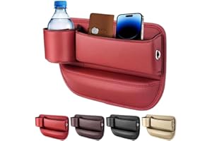 HiGropcore Car Leather Seat Gap Organiser, Car Storage Box With Cup Holder, Seat Gap Storage Box For Phones Glasses Keys (Red1)