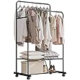 Isyunen Clothes Rails Garment Rack with Wheels Double Clothes Rail Coat Clothing Rails with Double Shelf (Black)