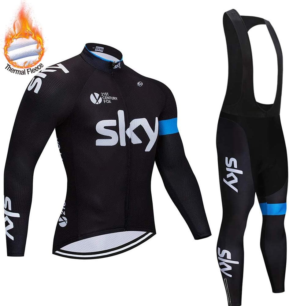 SUHINFE Winter Cycling Clothing set with Thermal Fleece, Long Sleeve Men's Cycling Jersey with Short MTB Bib Short