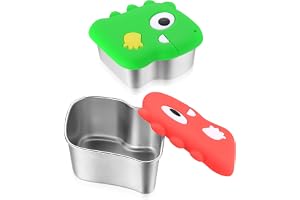 Pack of 2 Salad Dressing Containers, 260 ml Food Storage Containers with Dinosaur Silicone Lid, Snack Box, Stainless Steel Small Tin with Lid, Storage Jars with Lid for Sauce Containers, Dip Bento