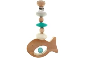 Hess Holzspielzeug 12818 - Anhänger aus Holz, Serie Fisch, für Babys ab 3 Monaten, nature türkis, handgefertigt, mit Sicherheitsclip, für Kinderwagen und Babyschale