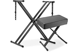MAMIZO Support de Clavier et Tabouret Piano Réglable en Hauteur, Support Clavier avec Banc Piano Pliable, Double Cadre en X, Coussin épais, Capacité Charge 100KG,Support de Piano avec Chaise Siege Piano,Noir