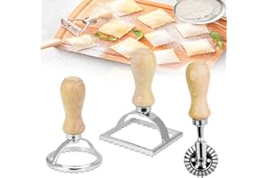 BUENTYA 3 Stück Ravioli Ausstecher Set mit Teigtaschenformer und Teigrädchen Ravioli Former Set Raviolischneider Edelstahl Ravioli Stempel Holzgriff Ravioli Former für Teigtaschen Maultaschen Pasta