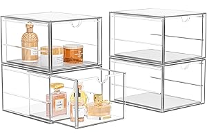 TIDYISLES 4 Pack Stackable Storage Drawers, Acrylic Cosmetic Drawer, Clear Desk Accessories, Latest Model Dustproof Drawer Storage for Dresser, Bathroom