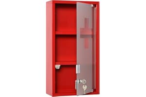 kleankin - Armario para farmacia (2 estantes, 3 niveles, con cerradura, puerta de cristal templado esmerilado, logotipo de cruz, 25 x 12 x 48 cm, metal rojo), color rojo