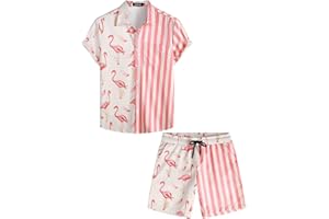 VATPAVE Herren Flamingo Hawaii 2 Teiliges Sets Kurzarm Freizeithemden Strand Outfits