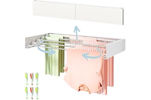 JANDTEK Etendoir Mural Rabattable 80cm - Etendoir Mural Exterieur ou intérieur - Sechoir Linge Mural 6 Pinces à Linge - Étendoir à Linge Pliant Mural