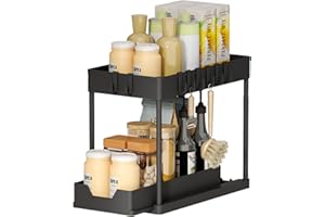 Meltrck Organizador de cocina de 2 niveles, estante debajo del lavabo con 8 ganchos, estante para especias, armario de cocina, organizador para baño, cocina, negro