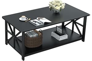 GreenForest Coffee Table with Round Corner,100 cm Design Center Table with 2-Tier Storage Shelf X-Frame Design for Living Room Home Office,Black