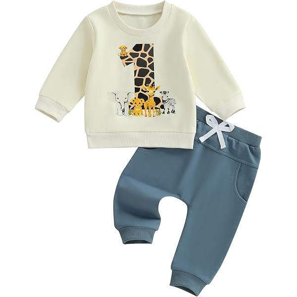 Licupiee Toddler Baby Boys First Birthday Outfits Long Sleeve Sweatshirt Pullover Letter Animal Print Birthday Boy Pocket Pants 2pcs Baby Boys Clothi