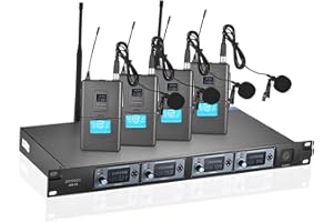 summina 4 Canali Sistema di Microfoni UHF Wireless Collo con Risvolto a clip 4 Microfoni 1 Ricevitore Cavo audio da 6,35 mm Display LCD