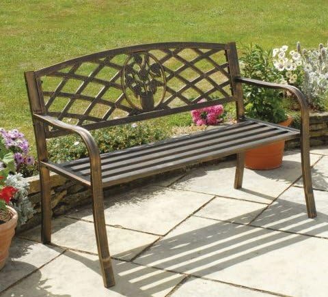 Copper Imposing style Garden Bench Happiness Cast Iron Insert Each Galbemere Surroundings all Year Round Rose Antiqua dark finish strong resistant types extreme weather