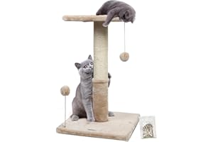 Happi N Pets Arbre à Chat 66 cm, griffoir pour Chat avec Plateforme en Peluche (30 x 30 cm) et Balle Jouet pour, Tour d'arbre Stable pour Chaton, Beige