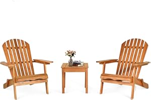 GOPLUS Salon de Jardin Exterieur 2 Personnes, Table Exterieur avec 2 Chaises Adirondack Pliantes 3 Pièces en Bois Eucalyptus, 2 Fauteuils Adirondack, 1 Table d'Appoint, pour Balcon Porche