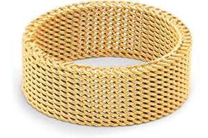 SINGULARU - Anillo Mesh. Acero con Acabado en Baño Oro de 18Kt. Anillo Ancho y Maxi con Altura de 8 mm y Grosor de 1.9 mm. Joyas para Mujer. Talla 10 a 16