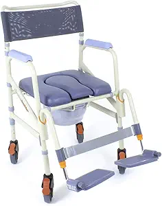 Showerbuddy Lightweight Foldable Roll-in SB7e Shower & Bath Chair | Transport Commode Medical Rolling Bathroom Wheelchair | Hight Adjustable Flip Up Footrests | Perfect for Travel Use