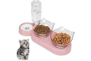 TOWEAR Tilted 15° Cat Bowl, Detachable Adjustable Cat Food Bowl with Stand, Cat Floating Water Bowl with Gravity Water Feeder, Anti-spill Pet Food Feeding Bowl for Cat and Puppy (pink)