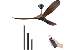 XSGDMN Ventilatore da soffitto in legno, ventilatore da soffitto per interni esterni con telecomando, 3 lame in legno massello, motore reversibile silenzioso, 6 velocità (noce, 52 pollici)