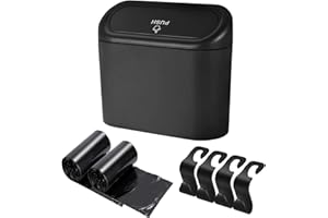 LOCCY Mini-poubelle de voiture suspendue avec couvercle, poubelle de voiture avec couvercle, mini-poubelle de voiture à pousser suspendue avec 4 crochets et 2 rouleaux de sacs à ordures jetables