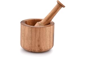 Samhita Mortaio e pestello in legno di acacia, per aglio pepe, erbe, utensili da cucina, regalo di compleanno, inaugurazione della casa, mortaio, pestello, 10,2 x 7,6 cm, 14 cm