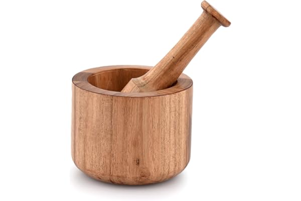 Samhita Acacia Wood Mortar and Pestle for Garlic Pepper Herb Crusher Kitchen Utensils, Housewarming Gift Mortar size(Cm): 10.16cm x 7.62cm Pestel Size (CM): 13.97cm