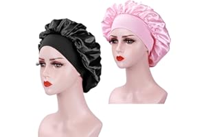ALILEADER 2PCS Soft Elastic Satin Bonnets for Women, Breathable Satin Bonnets for Curly Hair & Locs, Colorful Silk Sleep Cap (Pink+Black)